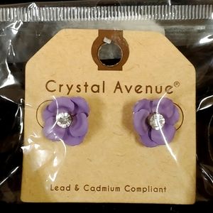 Purple Flower Earrings with Rhinestone center